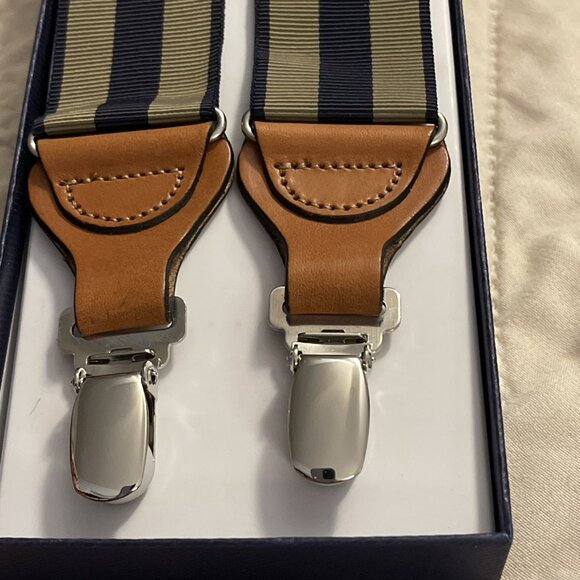 NEW NIB Brooks Brothers Suspenders Blue Olive Stripe Adjustable Clip-On Leather - Picture 6 of 8